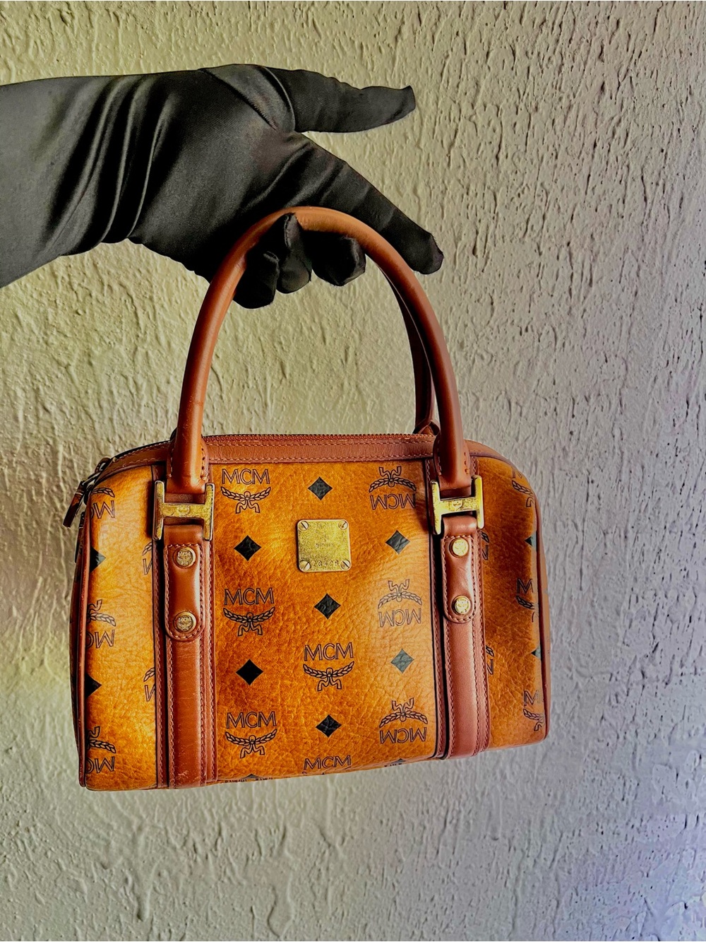 MCM Cognac Visetos Leather Boston Bag/Satchel